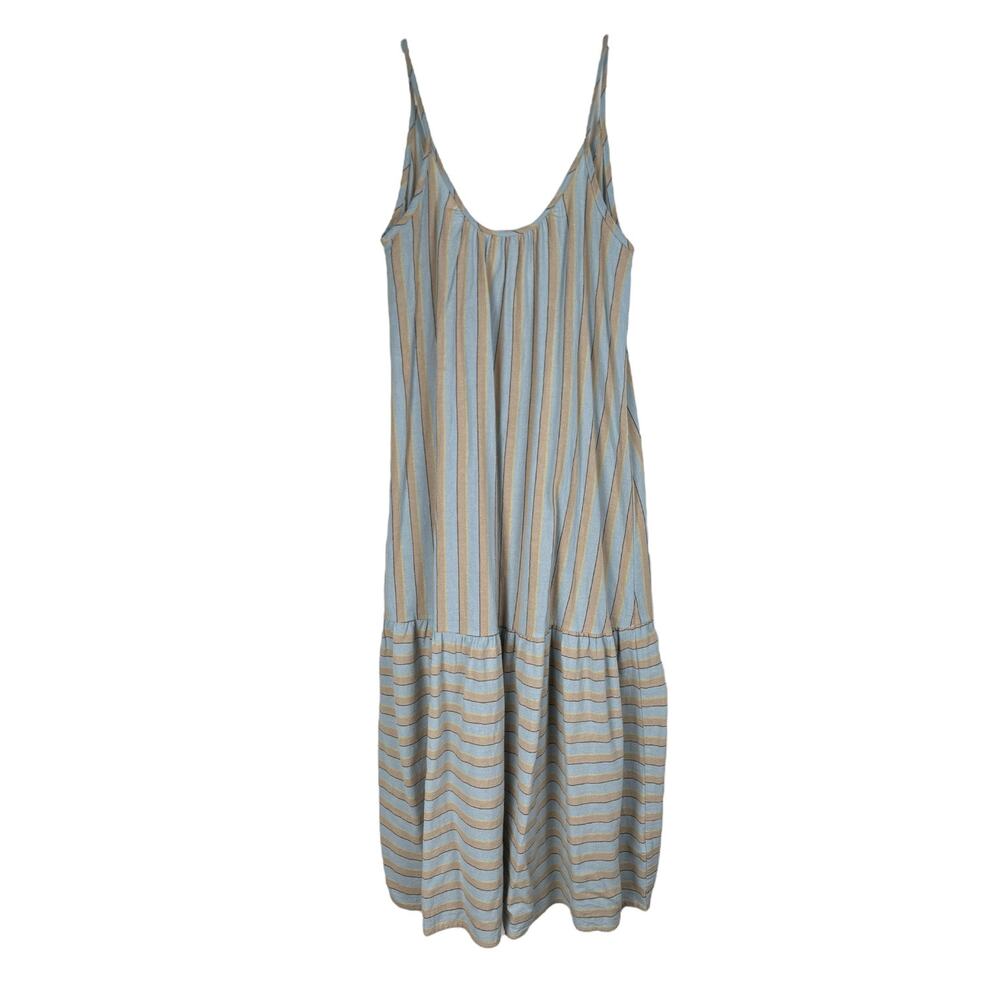 Stitchdrop Wave Goodbye Stripe Cotton Tiered Midi Dress Yacht Size XS Blue Tan